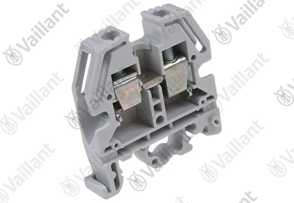 Vaillant Klemme in grauer Farbe, mit zwei beweglichen Metallkontakten zur elektrischen Verbindung, in technischer Ausführung ohne spezifische Maße sichtbar.